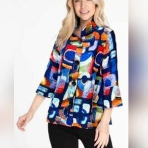 Ali Miles Colorful Abstract Patterned Coat Bell Sleeve Career Artsy Contemporary